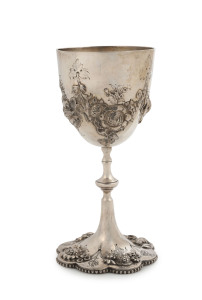 WILLIAM EDWARDS Australian silver goblet decorated with fine repoussé floral swags, 19th century, stamped "W.E." flanked by kangaroo and emu marks, 18cm high