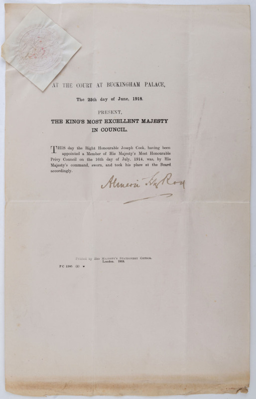 Joseph Cook was appointed to the Privy Council on 16 July 1914. The Privy Council of the United Kingdom is a formal body of advisers to the King or Queen. Its membership mainly comprises senior politicians who are current or former members of either the H