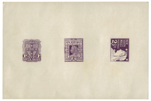 JOSEPH COOK, POSTMASTER GENERAL OF NEW SOUTH WALES, 1894 - 1898 1897 Jubilee composite colour trial comprising a triptych of 1d, 2d & 2½d imperforate proof impressions in purple, on glazed paper (143x93mm).