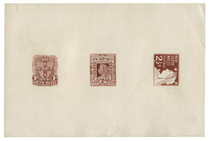 JOSEPH COOK, POSTMASTER GENERAL OF NEW SOUTH WALES, 1894 - 18981897 Jubilee composite colour trial comprising a triptych of 1d, 2d & 2½d imperforate proof impressions in brown, on glazed paper (143x93mm).   