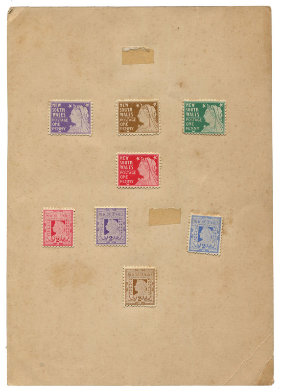 JOSEPH COOK, POSTMASTER GENERAL OF NEW SOUTH WALES, 1894 - 1898 1897-99 Jubilee perforated Colour Trials of 1d, in the design of the issued 2½d, in dull violet, ochre, green, or pinkish red, and the 2d issued design in pinkish-red, dull violet, pale blue
