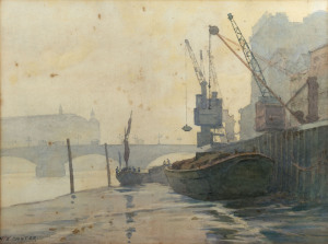 ALFRED ERNEST BAXTER (New Zealand, 1878-1936), Thames barges at low tide, watercolour, signed lower left "A.E. Baxter", titled verso, ​32 x 41cm