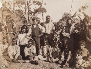 VICTORIAN ABORIGINAL & TASMANIAN INTEREST: A travel album, 19th century, with many photographs, sketches, seaweed samples and watercolours. Of note is a group of four albumen prints (15.5 x 21cm) of Aboriginal subjects including canoes on what appears to 