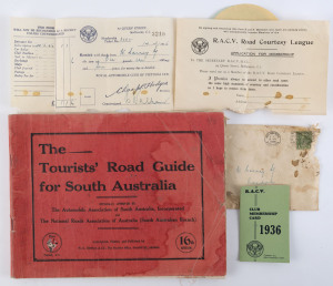 "The Tourists' Road Guide For South Australia" 16th edition, together with a small group of ephemera pertaining to the R.A.C.V. including 1936 membership card. (6 items).