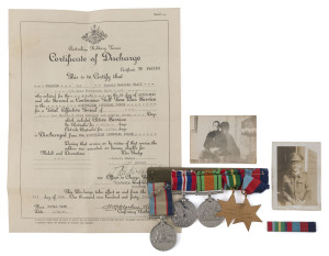 WW2 medal group, discharge papers, bar and photographs belonging to RONALD MALCOLM WAACK (VX13519) A.I.F. 2nd Australian Forrestry Unit R.A.E. A.I.F. (5 items).