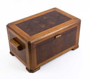 An Australian Art Deco work box, Queensland walnut, ash and maple, Queensland origin, circa 1920s, ​19cm high, 36cm wide, 22cm deep
