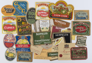 A collection of antique and vintage Australian product labels including "Boomerang Tonic" and "Chow Chow Pickles", (50 items).