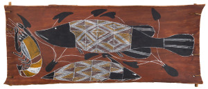 ARTIST UNKNOWN, Barramundi, catfish and yabby, earth pigments on bark, signed verso partially legible "George......?", cat. No.77. 30 x 72cm