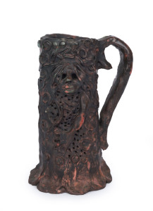 GREG IRVINE pottery tankard with applied figural decoration, hand written label "Greg Irvine, 1964", ​20cm high