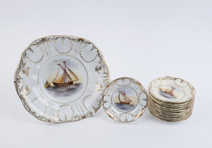 A thirteen piece porcelain sweet set with hand-painted vignettes of boating scenes, 19th century, the largest 24cm wide