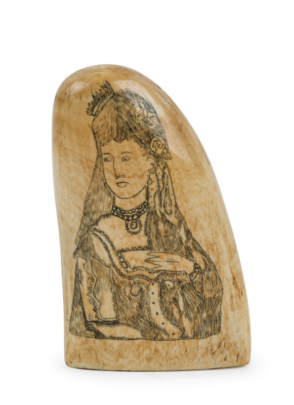 A scrimshaw whale's tooth with female portrait, ​13cm high