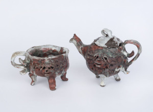 GREG IRVINE pottery teapot and bowl with figural decoration, (2 items), the teapot 13cm high, 18cm wide
