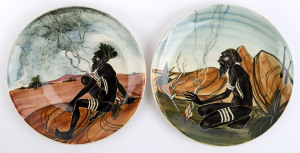 MARTIN BOYD pair of pottery plaques with Aboriginal figures, incised "Martin Boyd, Australia", ​26cm diameter