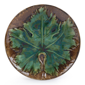 McHUGH rare pottery leaf plate, incised "McHugh, Tasmania", 24.5cm diameter