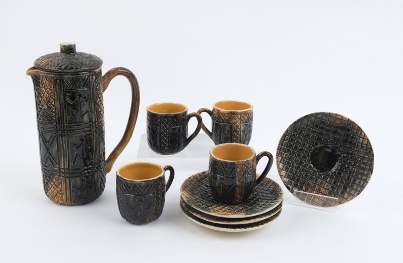 MARTIN BOYD coffee pot and four cups and saucers, (9 items), incised "Martin Boyd Hand-Carved, Australia", ​the pot 22cm high