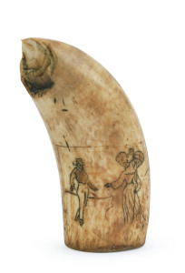 A scrimshaw whale's tooth with portraits of a lady and gentleman, ​12cm high