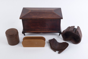 A blackwood jewellery box, burl timber canister and map of Australia box and huon pine letter rack with map of Tasmania, 20th century, (4 items), the largest 28cm wide