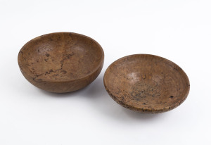 Two Tasmania burl musk turned fruit bowls, inscribed "Made In Tasmania", ​the larger 9cm high, 27cm diameter
