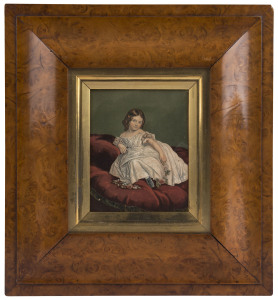 WILLIAM CAWSTON Tasmanian Colonial picture frame, musk with gilt slip and glass, housing a Baxter print of a girl, circa 1860,label verso reads "W. CAWSTON, Carver, Gilder & Picture Frame Maker, Paterson Street Launceston (Near The Post Office)...". Cawst