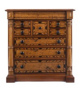 A stunning New Zealand apprentice chest of drawers, burl totara, rimu, kahikate and other native timbers, circa 1870, ​46cm high, 42cm wide, 23cm deep