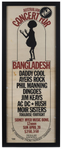 20th April 1975 AUSTRALIAN CONCERT FOR BANGLADESH poster, featuring Daddy Cool, Dingoes, AC/DC, Hush and others at the Sydney Myer Music Bowl; framed & glazed, overall 107 x 41cm. AC/DC (billed 6th) played a 45 minute set while on their 1975 "High Volta