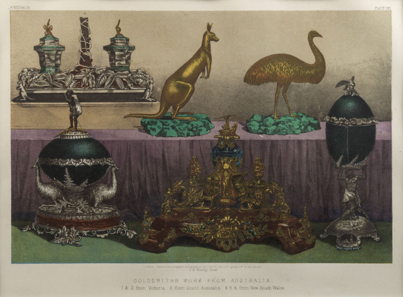 "GOLDSMITH'S WORK FROM AUSTRALIA" chromolithograph which was produced for publication in J.B. Waring's, "Masterpieces of Industrial Art and Sculpture at the International Exhibition, 1862", framed & glazed, 47 x 57cm overall.