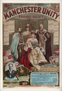 MANCHESTER UNITY FRIENDLY SOCIETY calendar/poster for 1902 featuring King Edward VII, Queen Alexandra, the Prince and Princess of Wales and details of the Society.  The coats of arms of Australia, New Zealand and Africa feature at right. In an original pe