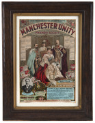 MANCHESTER UNITY FRIENDLY SOCIETY calendar/poster for 1902 featuring King Edward VII, Queen Alexandra, the Prince and Princess of Wales and details of the Society.  The coats of arms of Australia, New Zealand and Africa feature at right. In an original pe - 2