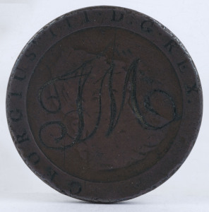 CONVICT LOVE TOKEN engraved "T.M." on 1797 cartwheel copper penny; together with a book on the subject "Convict Love Tokens" Wakefield Press, [South Aust. 1997], ex-library edition, (2 items)