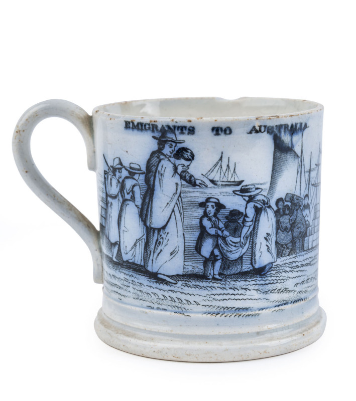 "EMIGRANTS TO AUSTRALIA" Staffordshire transfer porcelain mug, circa 1840, 7cm high, 9.5cm wide