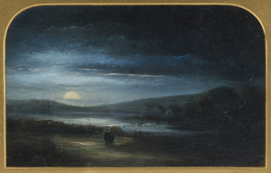 ROBERT DOWLING (attributed), (1827-1886), Tasmanian moonlight landscape, circa 1860, oil on card, signed "R.D." verso, 11.5 x 17.5cm PROVENANCE: Purchased from De Witt Antiques Hobart