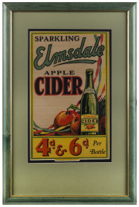 ADVERTISING: "Sparking Elmsdale Apple Cider, 4d & 6d Per Bottle" circa 1930s colour lithographic poster printed by The Mail Newspapers, Currie St., Adelaide' framed & glazed; also, three H.Jones & Co. IXL jam labels (Grape fruit marmalade, sweet orange ma