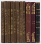 'PUNCH' or the 'LONDON CHARIVARI': Volumes II to VII plus Vols. XX & XXI, each volume bound in brown cloth with gilt lettering on spines and gilt-stamped 'Punch' on front boards, printed by Bradbury & Evans (London); also 1882 Alamanac in half leather wit