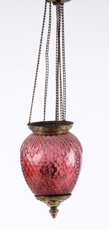 An antique hanging light, ruby glass and gilt metal with single burner font, late 19th century, ​31cm high