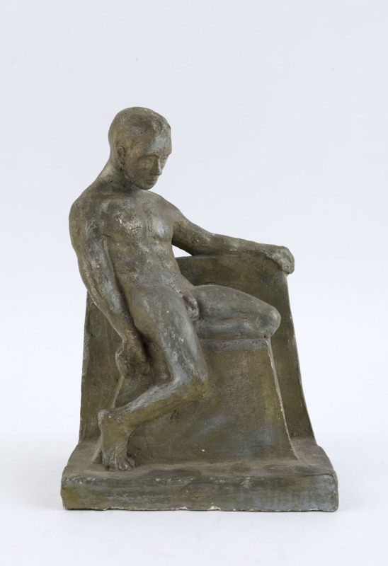 CHARLES G. WILLIAMS chalk ware statue of a male nude with bronzed finish, signed and dated 1943, 26cm high