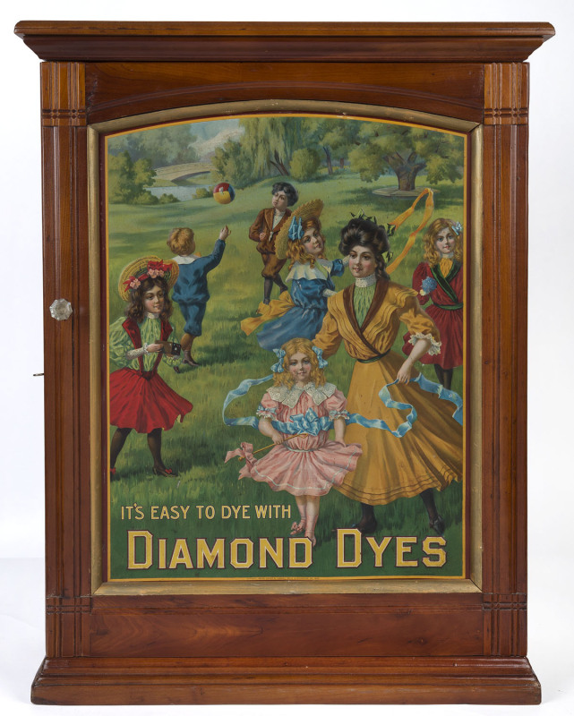ADVERTISING: IT'S EASY TO DYE WITH DIAMOND DYES embossed tinplate colour lithographic advertisement incorporated into the door of a shop cabinet, 75.5cm high, 58.5cm wide, 24.5cm deep