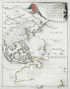 [PARTE DEL MARE PACIFICA] ENGRAVED BY VINCENT MARIO CORONELLI (THEOLOGIAN, MATHEMATICIAN & CARTOGRAPHER, VENICE), 1691. 46.5 x 61.5 cm (plate size) Finely executed copperplate-engraved map with some sensitive hand-colouring showing the west coast of Au