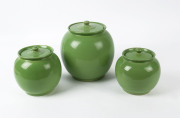 BENDIGO POTTERY set of three canisters with apple green glaze, the largest 23cm high, 23cm wide