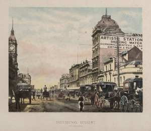 PHILLIP-STEPHAN STUDIO, Swanston Street Melbourne c1890s colour photo-lithograph, text including title below image reads “Phillip-Stephan Photo Litho & Typographic Process Co. Ld. Sydney, NSW.” 28.5 x 36.5cm (image).