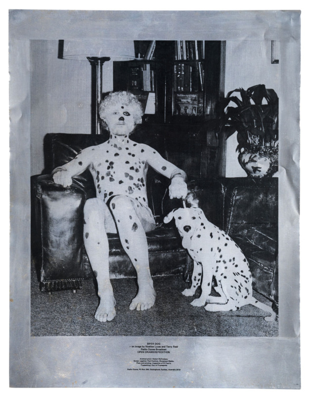 "BRER DOG - an image by Noeline Lucas and Terry Reid : Radio Ozone Broadcast : OPEN DRAWERS SEDITION : Archival print: Robert McFarlane; Screen Negative: Paul Cochran, Movement Media; Plate & Printing: Augustine of El Faro's; Typesetting: Gay of Propagand