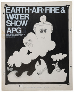 PRAM FACTORY APG POSTER: "Earth-Air-Fire & Water Show" APG at the Pram Factory (October 1973); original artwork on layout board together with a printed example of the poster. (2 items). 62.5 x51cm (artwork); 55 x 45cm (poster). (2 items).