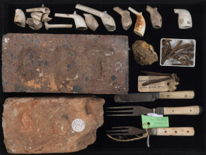CONVICT INTEREST: Small group of artefacts including hand-made iron nails from Port Arthur, a brick from the "Boys Prison" at Port Arthur, three pieces of cutlery circa 1820s found at New Norfolk in Tasmania, a collection of pieces of clay pipes dug in Ta