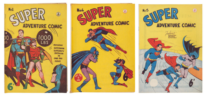 COMICS - SUPER ADVENTURE COMIC (Australian Issue): bundle of early issues comprising #1, 4-5, 8-15, 18-24, 27-28, 30-32, 35, 42 & 79; all front covers feature Superman and Batman, and often Superboy and/or Robin too, priced at 6d or 8d (from issue #11); s