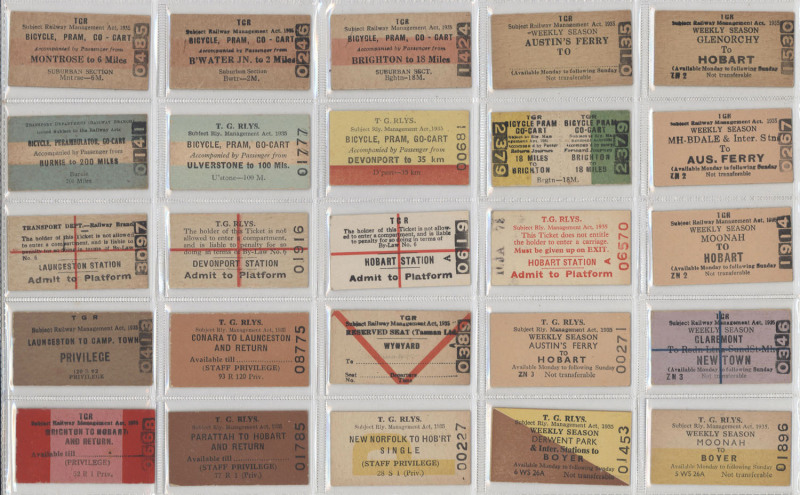 RAILWAY TICKETS - TASMANIA: 1960s-2000 Edmondson Tickets with TGR & Transport Dept Rly Branch withdrawal tickets, Emu Bay Railway Co withdrawals (21); also Don River Tramway, Don River Railway issues and 1990s tickets from other minor railways. Excellent
