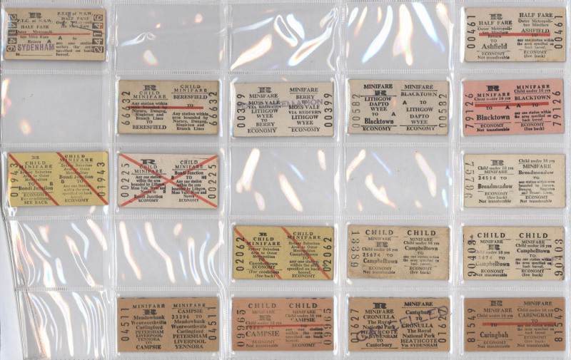 RAILWAY TICKETS - NEW SOUTH WALES: State Railway Authority 'Minifare' & 'Child Minifare' and 'Off Peak' and 'Child Off Peak' selection in alphabetical order; also Special Excursion & Child Special Excursion including 1950s-60s tickets; 1980s-90s SRA famil