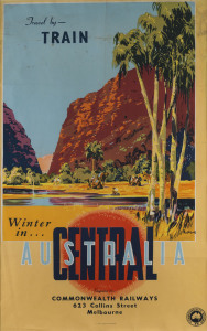 JAMES NORTHFIELD (1887 - 1973), "Travel by - TRAIN : Winter in CENTRAL AUSTRALIA", circa 1930s colour lithograph, Commonwealth Railways Poster No.16, printed by A.C. Brooks, Commonwealth Printer, Melbourne., framed & glazed, overall 109 x 78cm.