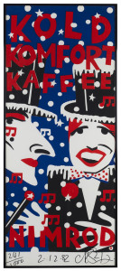 MARTIN SHARP (1942 - 2013) Kold Komfort Kaffee (Nimrod) Screen-printed poster, editioned 241/1000 lower left, dated 2.12.82 centre; signed lower right, framed & glazed, overall 110 x 46cm.