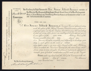 Instrument of Appointment for an officer to the Military Forces of the Commonwealth, awarded to a Richard James Kilby at the rank of Lieutenant, signed by Governor-General Isaac Albert Isaacs at upper left; dated 1935, ​26.5 x 34cm.