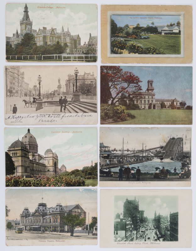 POSTCARDS: 1900s-50s Melbourne selection incl. real photo, and animated scenes, others of Ormonde College, Princess Theatre, Prince's Court, Exhibition Buildings & Government House, photographers incl. Robert Jolley; condition variable. (60 approx)