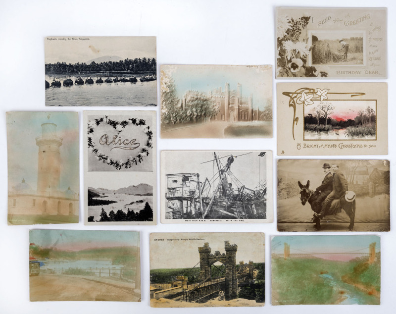 POSTCARDS: 1900-50 selection with Sydney & NSW views including coloured real-photo of Macquarie Lighthouse, Mosman's Bay & 'Suspension Bridge', quite a few actress types used in Tasmania, plus greeting types and some foreign cards incl. New Zealand & Sin